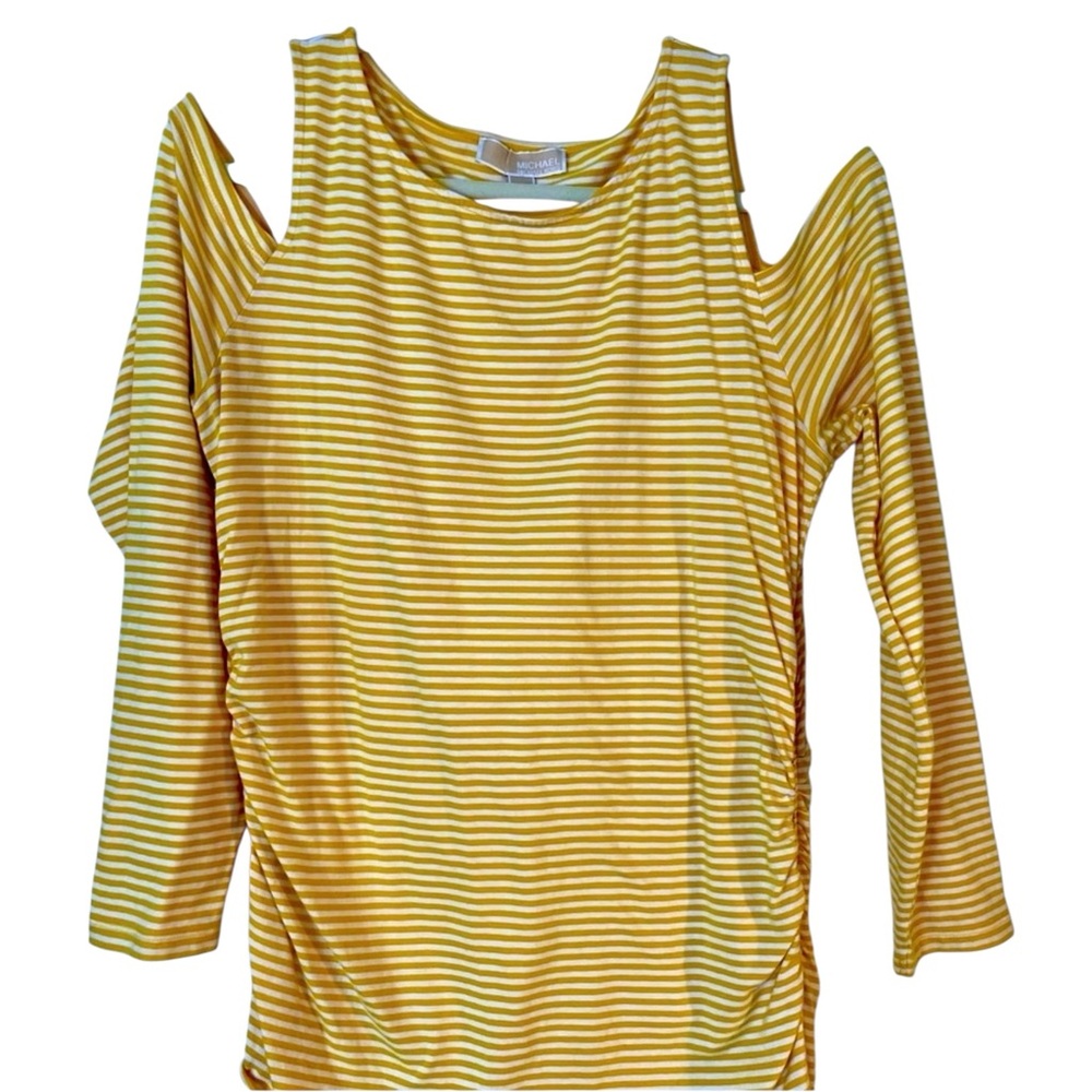 MICHAEL Michael Kors Yellow Stripe Long Sleeve Open Shoulder Side Zip XL